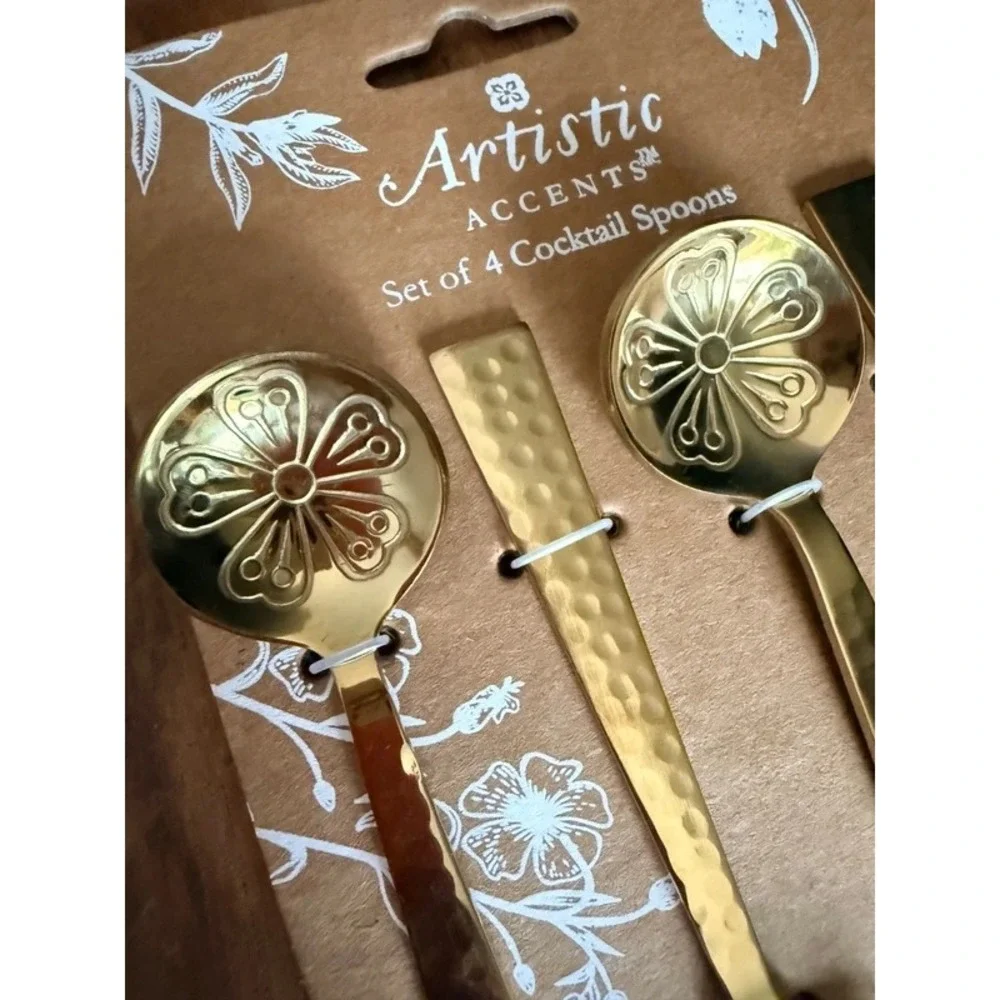 Artistic Accents Gold Cocktail Spoons Set of 4 Floral Hammered Metal Barware NWT
